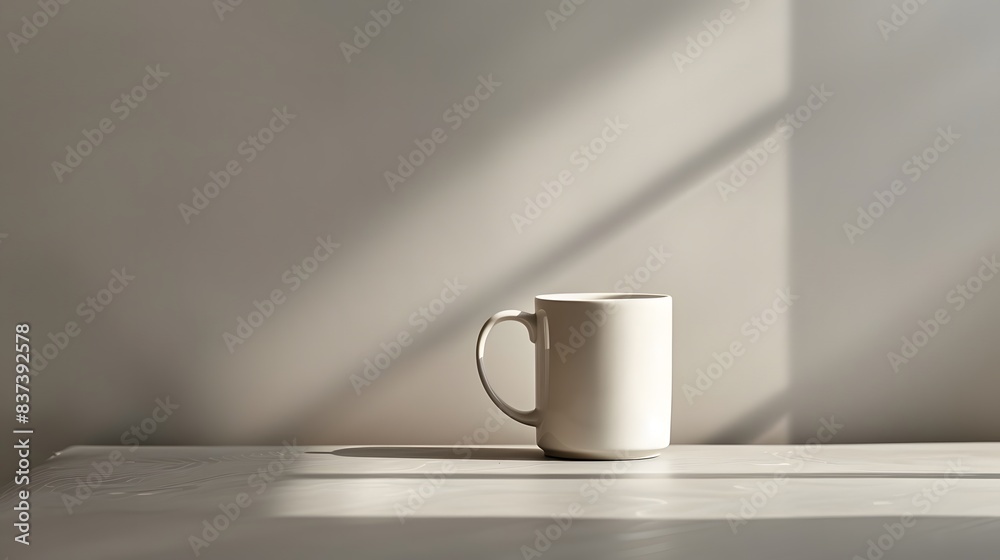 Fototapeta premium Ceramic blank white mug on empty table. Simple minimalistic mockup template for mug print design. Elegant and modern style in pastel matte colors.