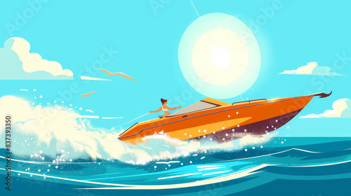 A person enjoying a sunny summer day on a speedboat, with waves splashing