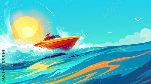 A person enjoying a sunny summer day on a speedboat, with waves splashing