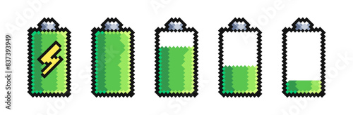 Battery vector pixel set. Pixelated batteries cartoon style collection.