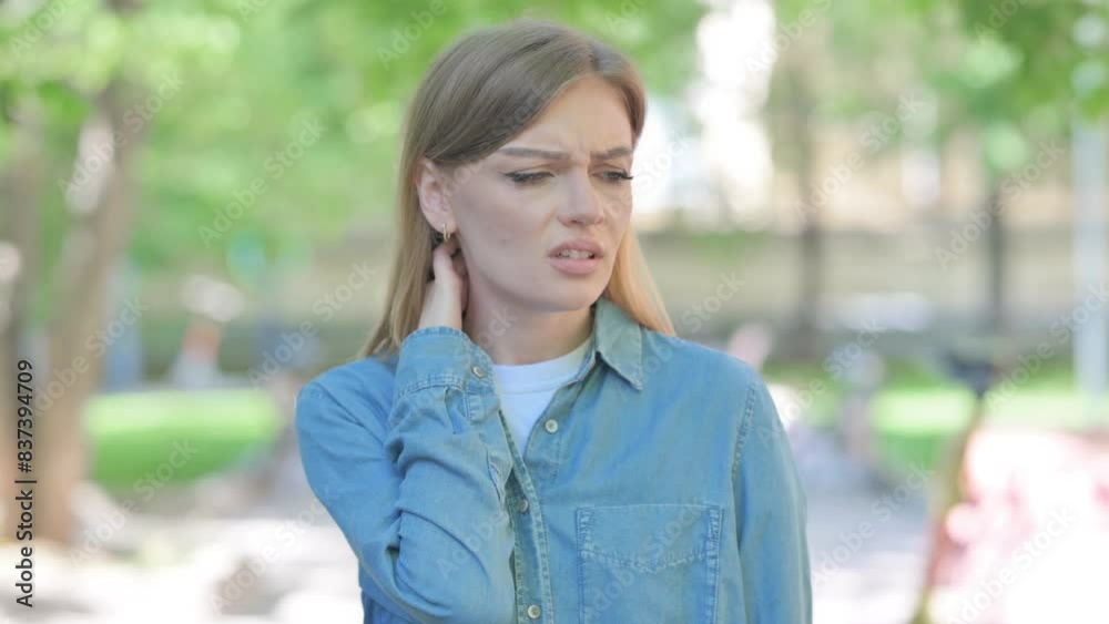 Tired Young Woman with Neck Pain Outdoor in Park Tired Young Woman with Neck Pain Outdoor in Park