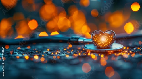 A vibrant stethoscope with a heart shape on a textured asphalt background photo