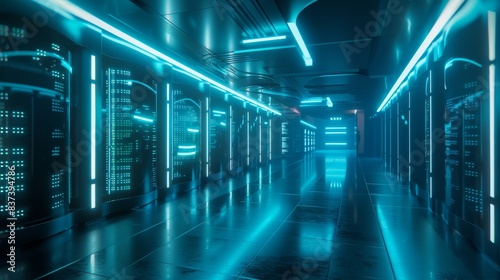A futuristic server room with transparent glass racks and holographic interfaces photo