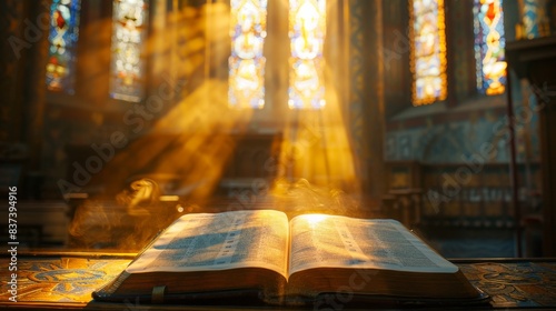 The holy bible with yellow rays of light from God in the cathedral church, a background for overlay. photo