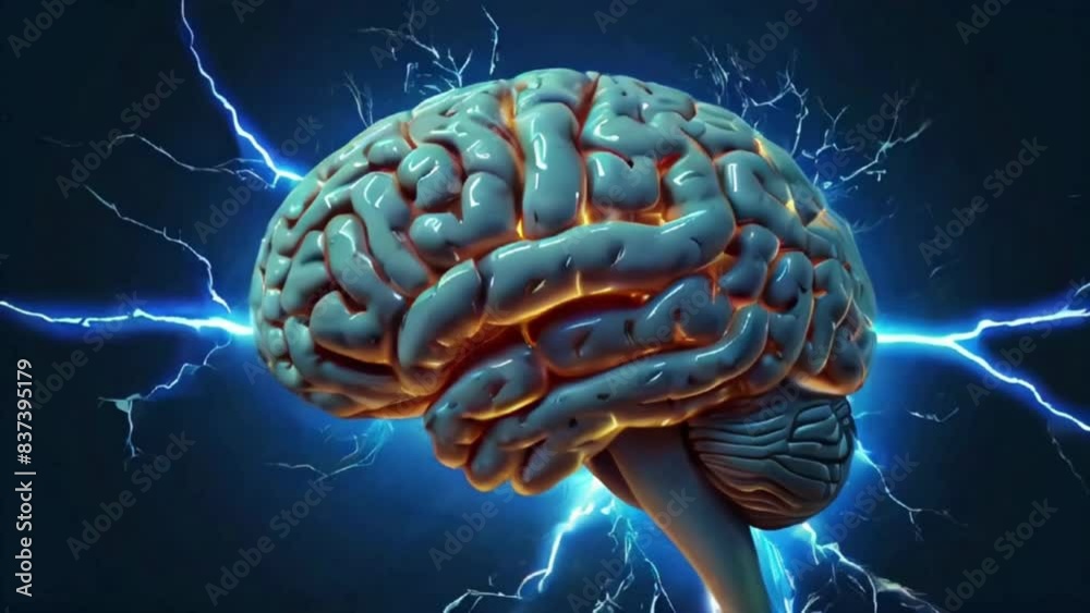 Human brain digital illustration. Electrical activity, flashes and lightning on a blue background,4k virtual video created with generative ai. Human brain digital illustration. Electrical activity, flashes and lightning on a blue background,4k virtual video created with generative ai.