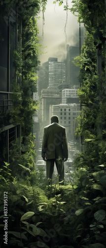 Invisible Man in an Urban Jungle - A person blending into a city overtaken by nature