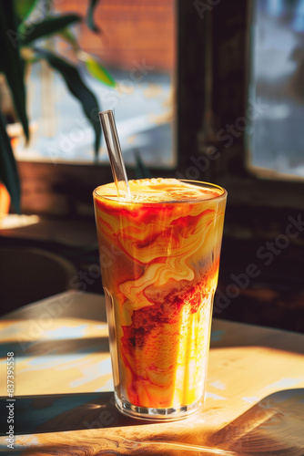 Refreshing Iced Orange Drink with Straw in Sunlight