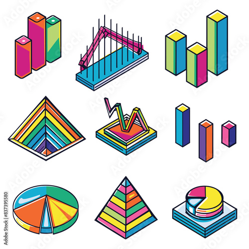Colorful 3D graphs, charts, diagrams data visualization. Isometric infographics presentations, reports, statistics. Illustration various types charts including bar, line, pie