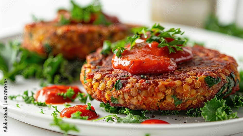 Delicious vegan lentil burgers served with fresh kale and rich tomato sauce, all presented on a clean white background Delicious vegan lentil burgers served with fresh kale and rich tomato sauce, all presented on a clean white background