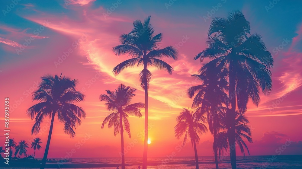 Silhouettes of palm trees and amazing cloudy sky on sunset at tropical beach with pink sky background for travel and vacation. AI generated illustration