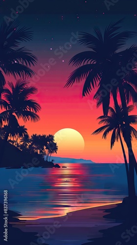 Silhouettes of palm trees and amazing cloudy sky on sunset at tropical beach with pink sky background for travel and vacation. AI generated illustration