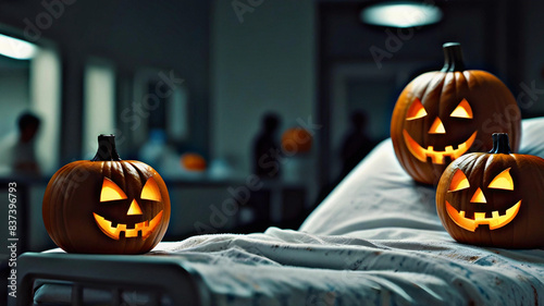 halloween pumpkin lanterns glowing on recovery bed, hospital and healthcare related trick or treat illustration 