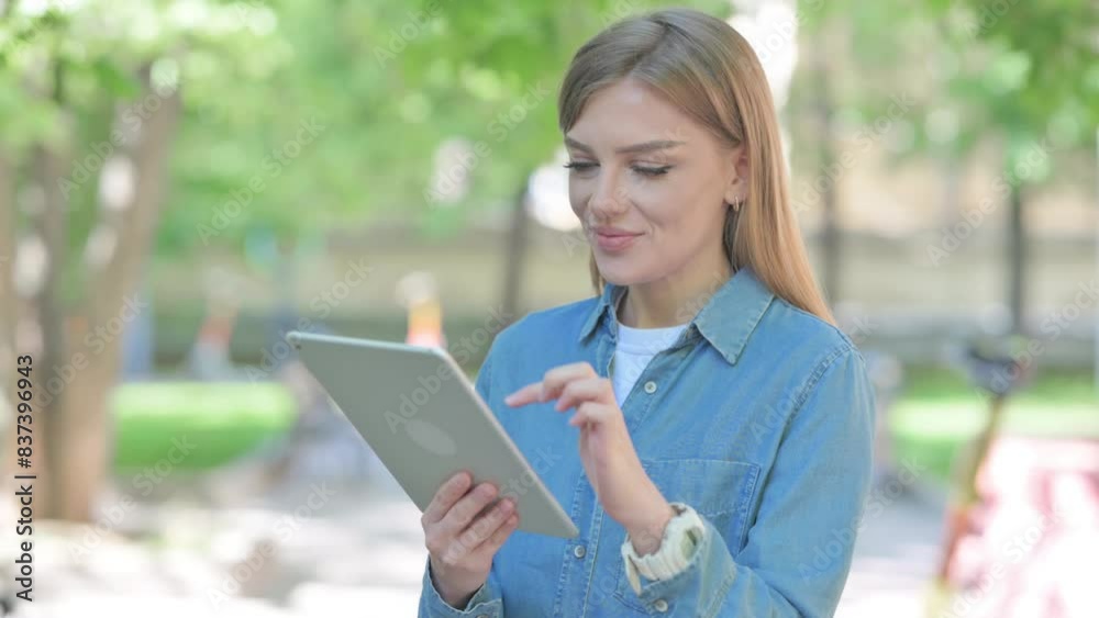 Portrait of Woman Using Digital Tablet Outdoor in Park Portrait of Woman Using Digital Tablet Outdoor in Park
