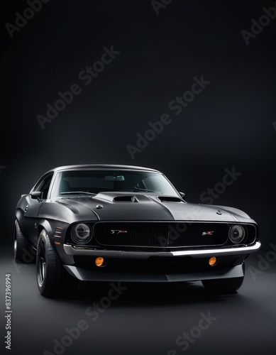 A black vintage muscle car captures the essence of power and performance  its presence intensified by dramatic lighting.