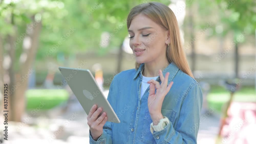 Portrait of Woman Doing Video Chat on Tablet Outdoor in Park Portrait of Woman Doing Video Chat on Tablet Outdoor in Park
