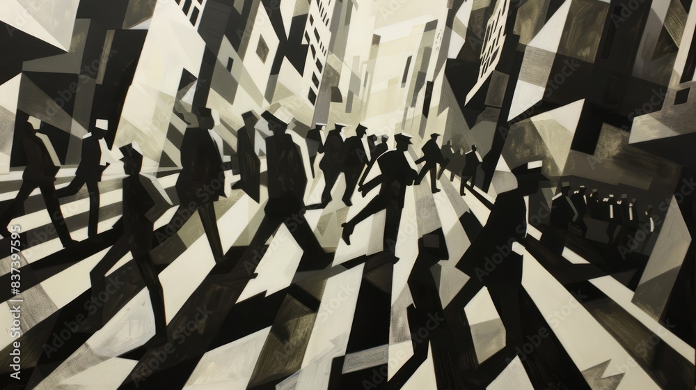 Obraz premium A bold and dynamic Vorticist painting depicting the bustling streets of a modern metropolis. Angular shapes and intersecting lines convey a sense of movement and energy, capturing the frenetic pace