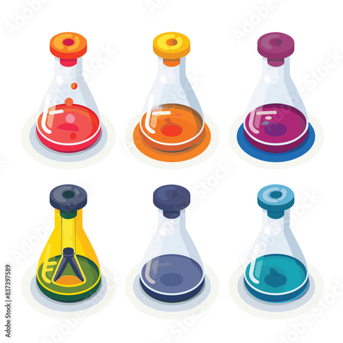 Collection colorful potion bottles featuring various liquids. Set magical elixirs flasks fantasy alchemy theme. Bright chemical solutions laboratory glassware, isolated white background