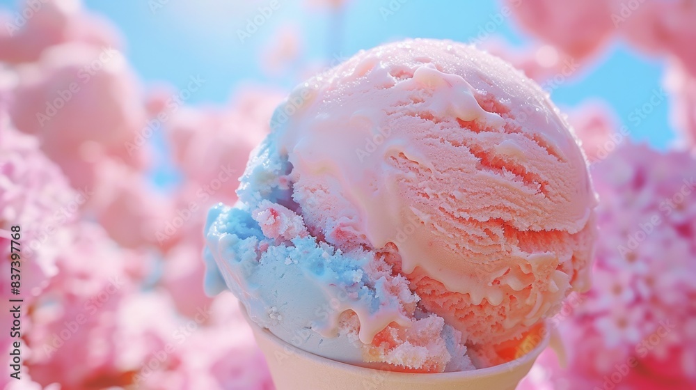 A close up of a scoop of ice cream in front of pink flowers, AI A close up of a scoop of ice cream in front of pink flowers, AI