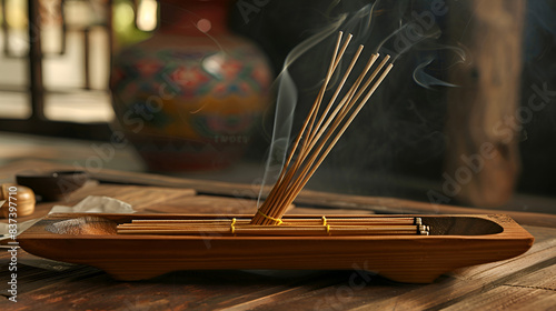 incense sticks smoking close-up on dark background, esoteric banner photo