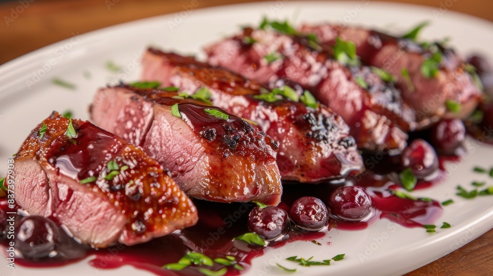 Pan-seared duck breast with a cherry sauce Pan-seared duck breast with a cherry sauce
