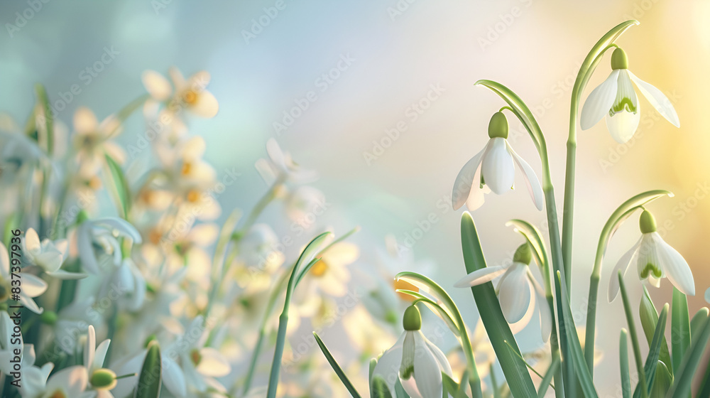 Fototapeta premium snowdrops on garden background with space for text, spring banner with copy space