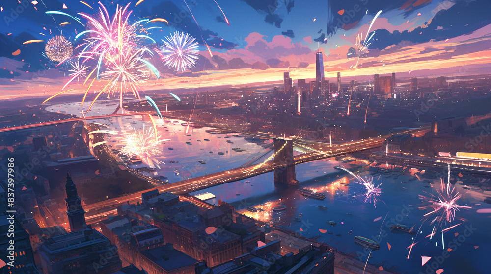 Obraz premium Celebrating Freedom: Majestic Fireworks Display at Iconic American Landmark in Watercolor Painting Style Inspiring Unity and Patriotic Sentiments