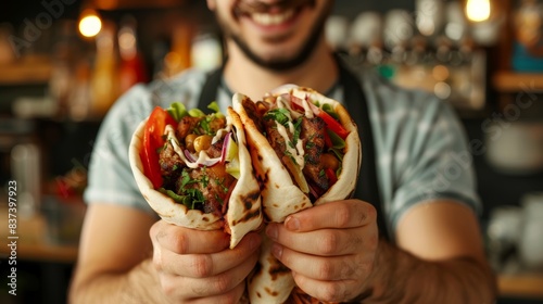 A man holding a large pita sandwich in his hands  AI
