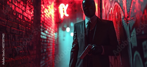 masked figure in a tailored suit, standing confidently in a dimly lit alley, with a revolver held casually at their side. The glow of a neon sign casts a mysterious ambiance photo