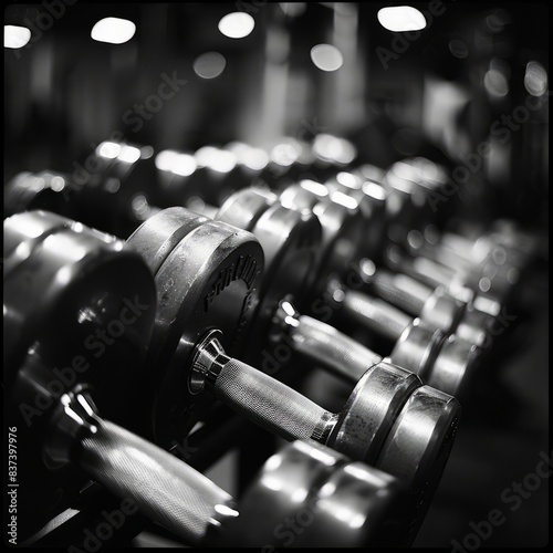 rack of dumbbells in a contemporary gym. The polished metal of the weights reflects the ambient lighting, while the background is blurred to focus attention on the dumbbells' sleek design and symmetry