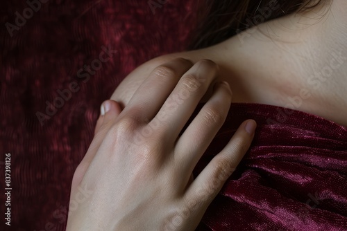 A close-up of a hand gently tracing the curve of a bare shoulder, the skin glowing softly under ambient light. The background is a deep, rich velvet in dark burgundy, enhancing the contrast
