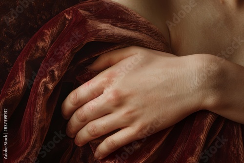 A close-up of a hand gently tracing the curve of a bare shoulder, the skin glowing softly under ambient light. The background is a deep, rich velvet in dark burgundy, enhancing the contrast