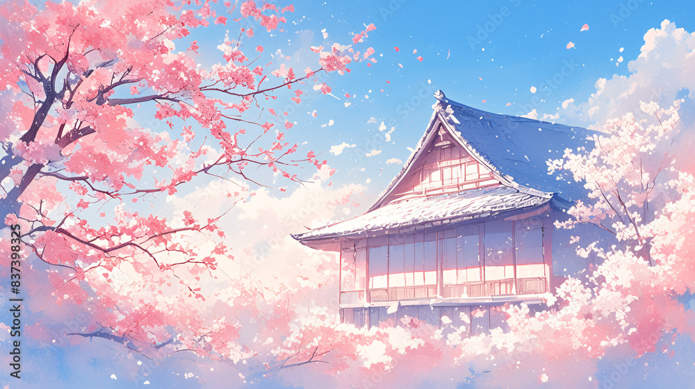 Fototapeta premium Blossoming Beauty - Cherry Blossom Watercolor Banner in Serene Spring Landscape