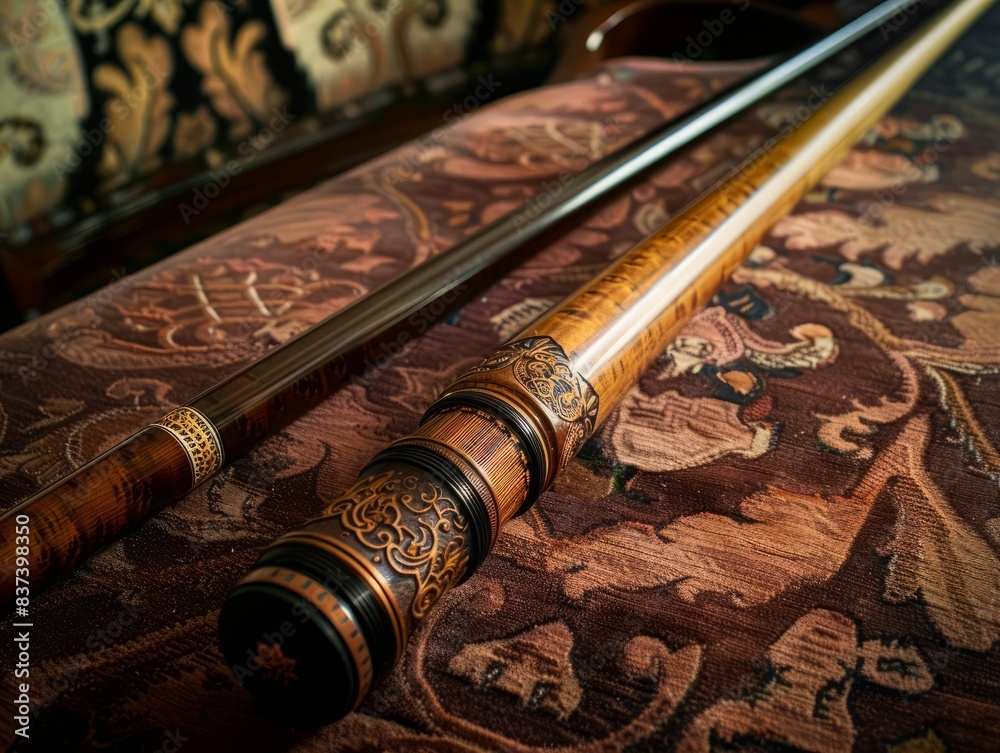 A close-up shot of a billiards cue resting on a rich velvet table, its polished surface reflecting ambient light. The cue's intricate details are emphasized, from the smooth wood grain to the ornate A close-up shot of a billiards cue resting on a rich velvet table, its polished surface reflecting ambient light. The cue's intricate details are emphasized, from the smooth wood grain to the ornate