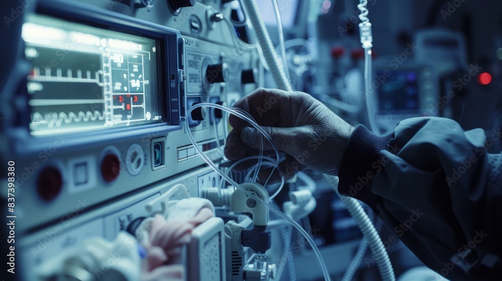 scientist hand adjusting the settings on a complex life-support machine. The machine emits a soft, reassuring hum as it sustains the vital functions of a patient lying in a hospital bed. scientist hand adjusting the settings on a complex life-support machine. The machine emits a soft, reassuring hum as it sustains the vital functions of a patient lying in a hospital bed.