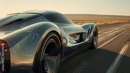 sleek, titanium-made sports car, showcasing its aerodynamic design and metallic sheen. The car is depicted speeding down an open road, with blurred motion conveying a sense of speed and power.  photo
