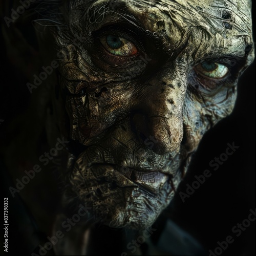 portrait of a male zombie with strikingly detailed textures on his decaying skin, every wrinkle and scar meticulously rendered. His eyes, a mix of sorrow and intensity, capture the viewer's attention. © Oskar Reschke