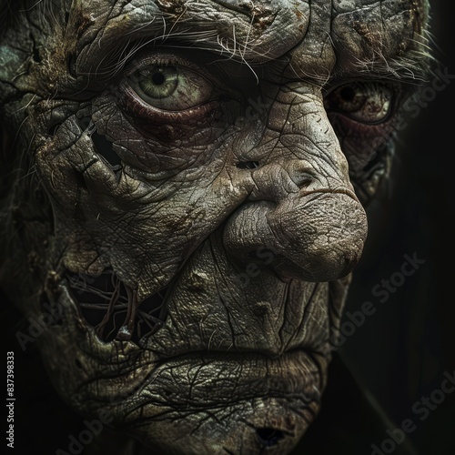 portrait of a male zombie with strikingly detailed textures on his decaying skin, every wrinkle and scar meticulously rendered. His eyes, a mix of sorrow and intensity, capture the viewer's attention.