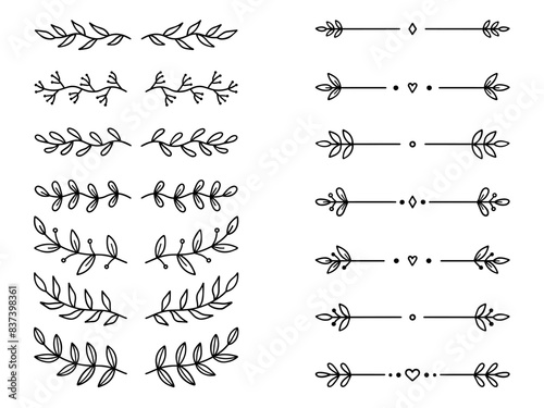 Laurel text dividers doodle set. Wedding decorative elements with leaves. Branches, divider ornament, borders, lines. Hand drawn vector illustration isolated on white background