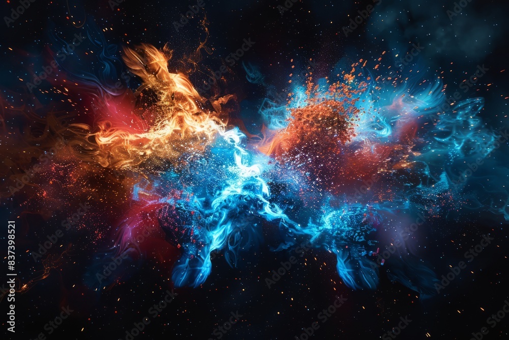 fusion of two hydrogen atoms to form helium, rendered as a dynamic burst of energy and light against a black background. The explosion is represented with vivid colors and swirling patterns fusion of two hydrogen atoms to form helium, rendered as a dynamic burst of energy and light against a black background. The explosion is represented with vivid colors and swirling patterns