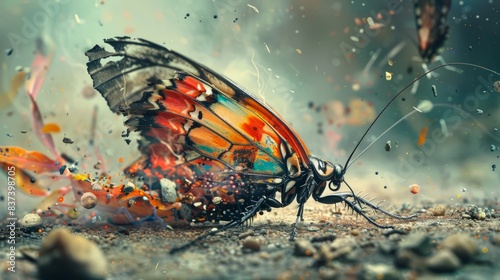 A conceptual photo manipulation depicting a squished cockroach transformed into a delicate butterfly, its wings adorned with intricate patterns and vibrant colors. The juxtaposition of life and death, photo