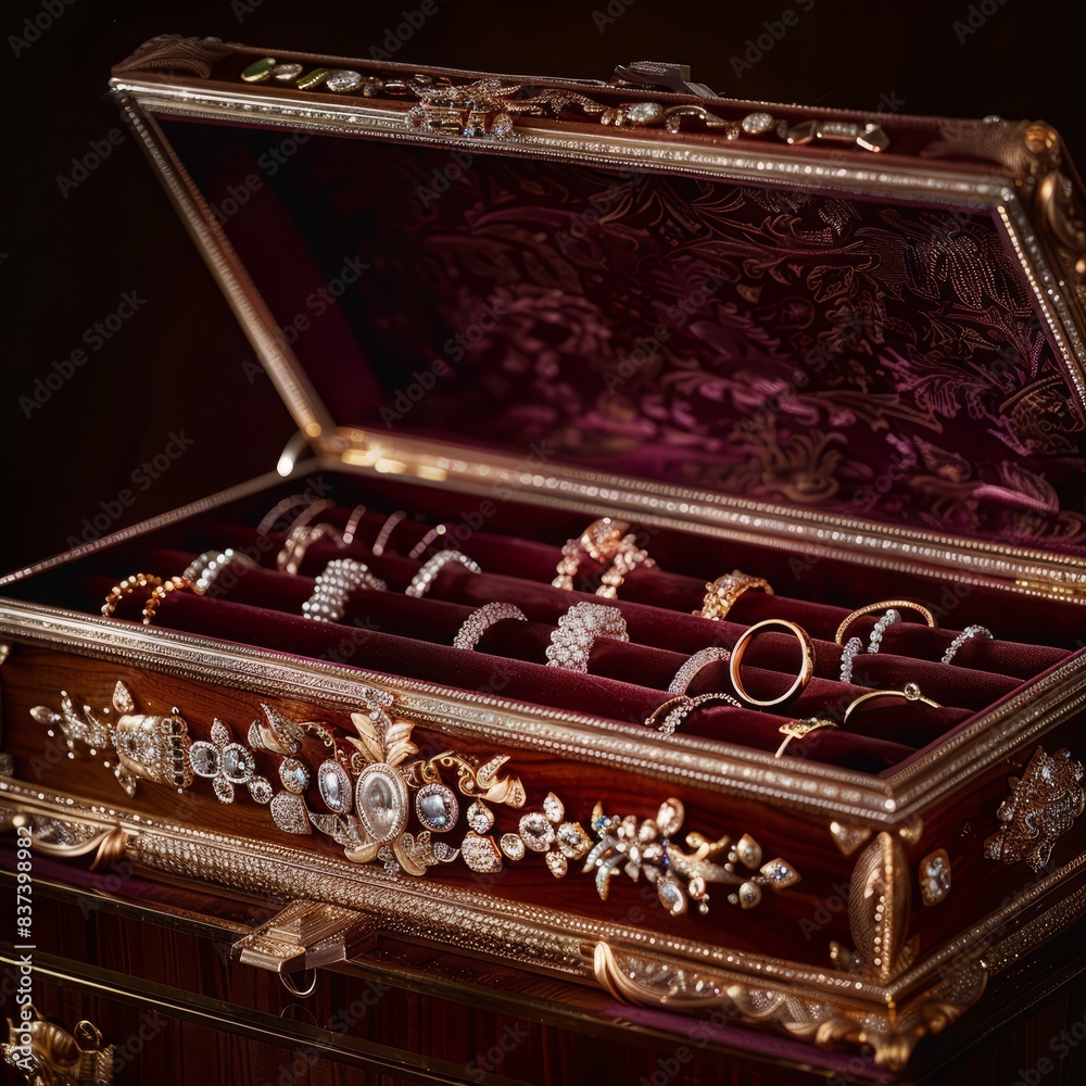 A beautifully crafted jewelry box slightly open, revealing an assortment of precious rings, necklaces, and bracelets. The interior is lined with deep crimson velvet, creating a striking contrast A beautifully crafted jewelry box slightly open, revealing an assortment of precious rings, necklaces, and bracelets. The interior is lined with deep crimson velvet, creating a striking contrast