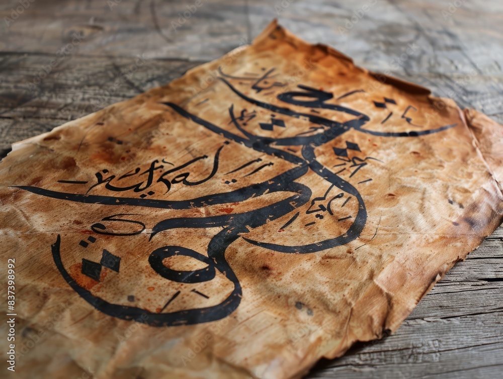 A beautifully detailed piece of traditional Arabic calligraphy on a US flag