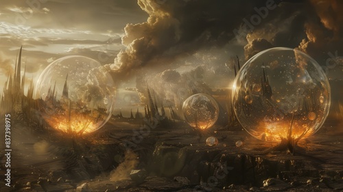 A barren wasteland littered with shattered glass, where ominous bubbles rise from the scorched earth like harbingers of doom. Within each bubble, twisted figures writhe in torment photo