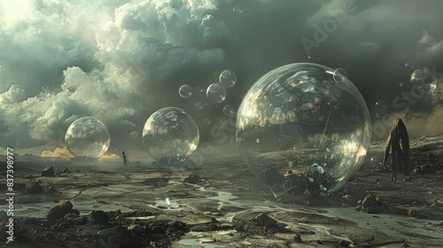 A barren wasteland littered with shattered glass, where ominous bubbles rise from the scorched earth like harbingers of doom. Within each bubble, twisted figures writhe in torment