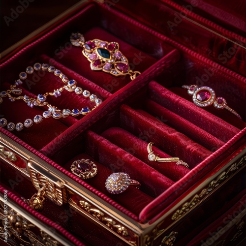 A beautifully crafted jewelry box slightly open, revealing an assortment of precious rings, necklaces, and bracelets. The interior is lined with deep crimson velvet, creating a striking contrast  photo