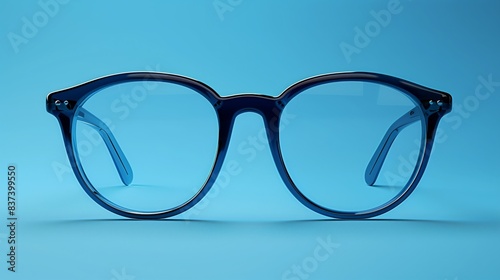 A pair of round blue glasses on a blue background