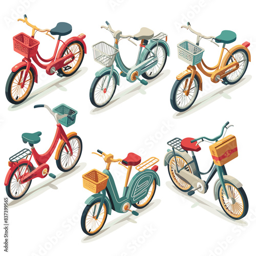 Isometric bikes different colors styles, bicycles urban transportation, cycling activity. Retro bikes baskets, modern city bicycles, isolated white background, collection set. Kids, adults use these