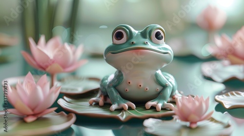 Adorable D Clay Frog on Lily Pad with Muted Pastels
