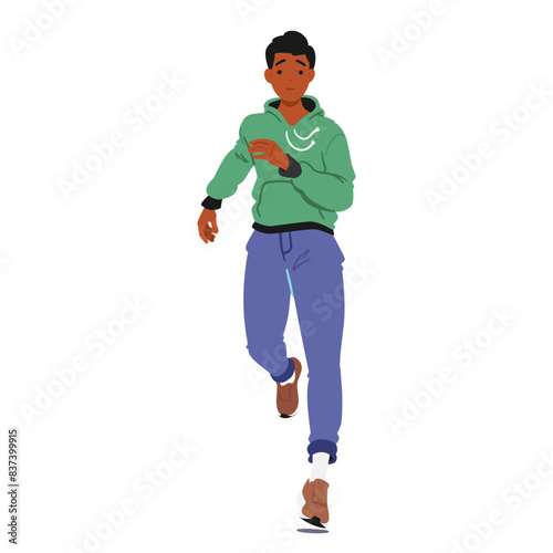 Young Man Running, Dressed In A Green Hoodie And Blue Joggers, He Represents Health And Vitality, Cartoon Vector