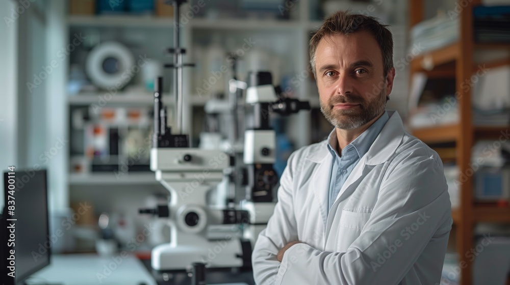 A confident ophthalmologist stands in his office, arms crossed, with a microscope in the background A confident ophthalmologist stands in his office, arms crossed, with a microscope in the background